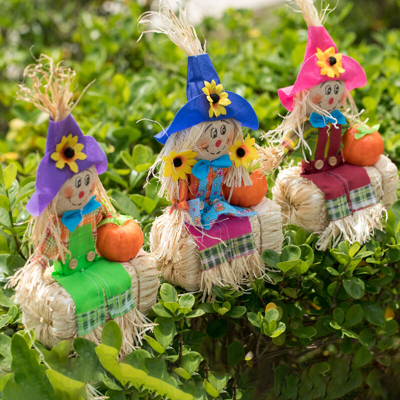 Gardenised 12 Inch Sitting on Straw and Hay Bales Multicolor Trio Scarecrows for Halloween, Fall and All Time Season Garden Decor, Scatter them Around or Gather them Together for a Mesmerizing Display