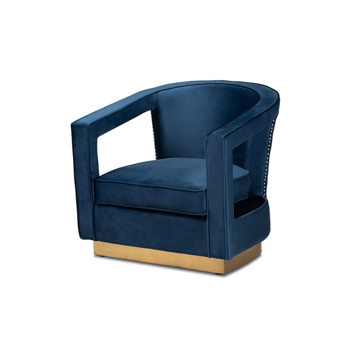 Baxton Studio Neville Modern Luxe and Glam Navy Blue Velvet Fabric Upholstered and Gold Finished Metal Armchair
