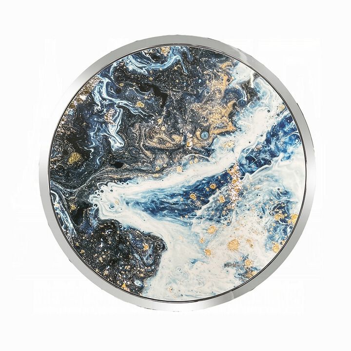 Shira Round Side End Table, 22 Inch, Open Chrome Base Blue Faux Marble
