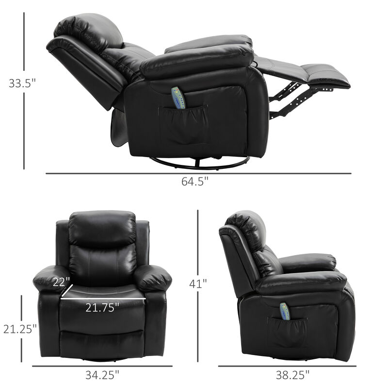 HOMCOM PU Leather Massage Recliner Chair, Swivel Rocker Sofa with Remote Control, Footrest, Padded Seat for Living Room, Bedroom, Black