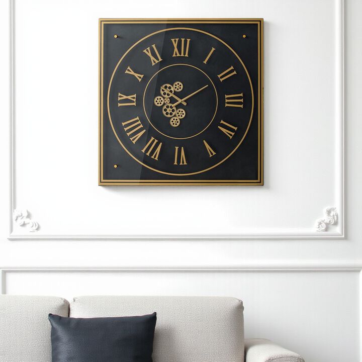 HomeRoots 35" Black And Gold Glass And Metal Exposed Gear Square Wall Clock