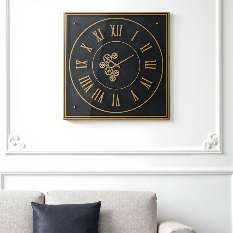 HomeRoots 35" Black And Gold Glass And Metal Exposed Gear Square Wall Clock image number 1
