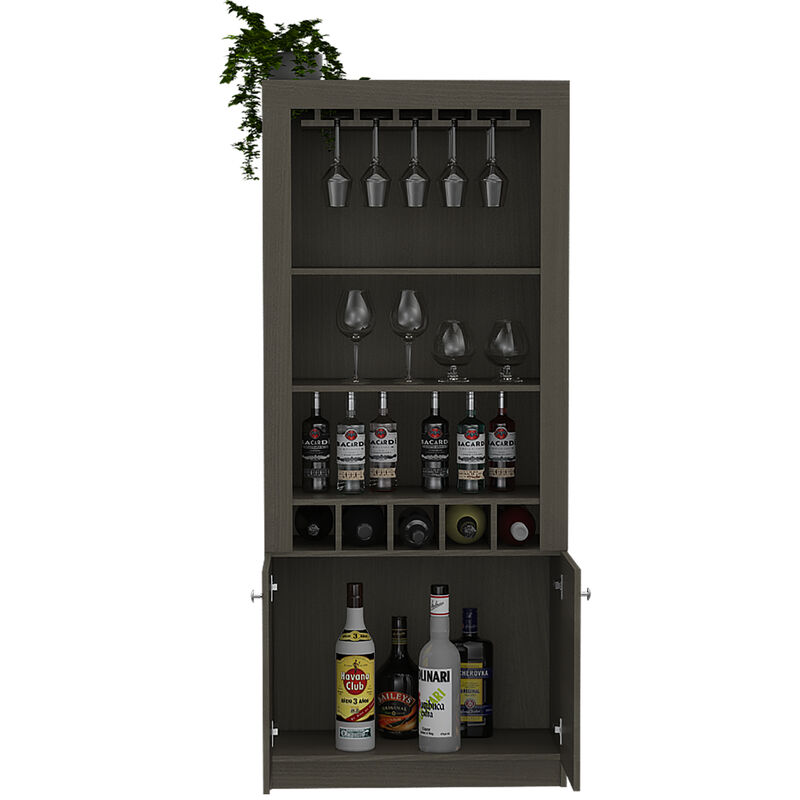 DEPOT E-SHOP Dakota Bar Double Door Cabinet, Five Built-in Wine Rack, Three Shelves, Smokey Oak