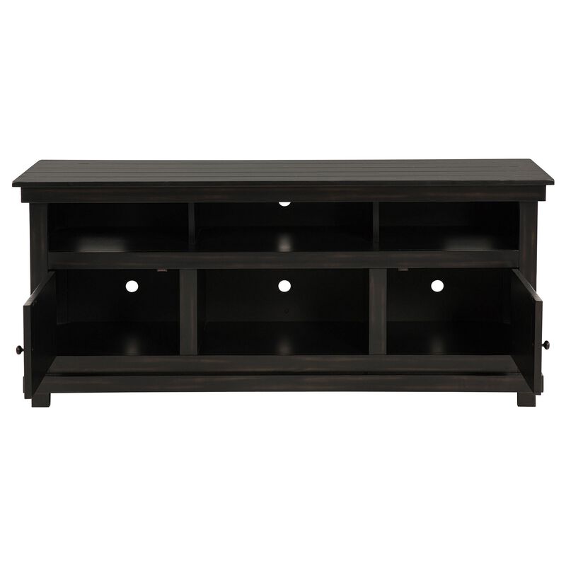 Ayne TV Stand Media Cabinet, 2 Doors and 4 Shelves, Black Wood 60 Inch - Benzara
