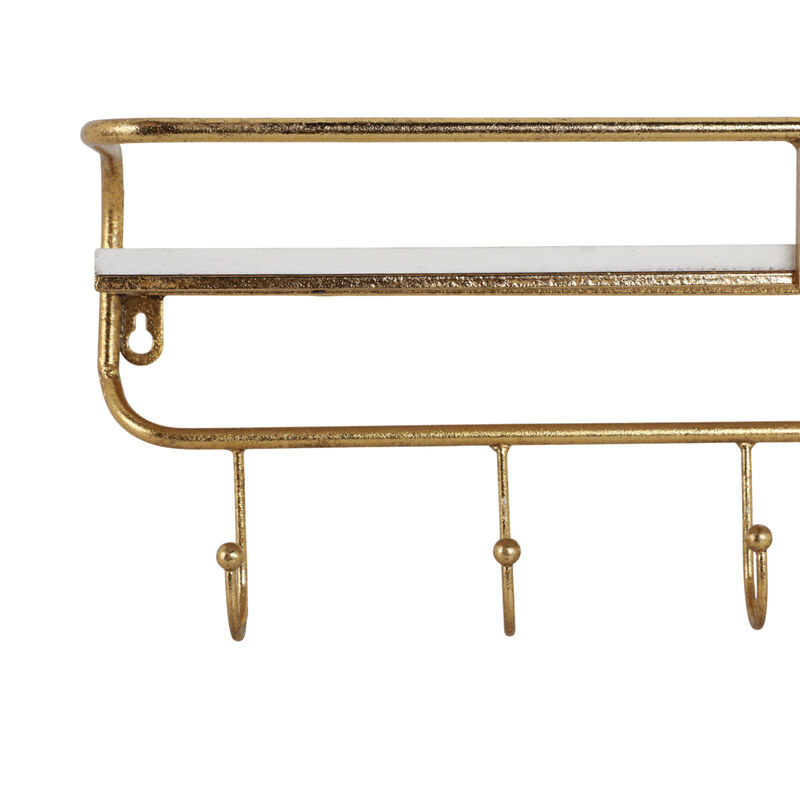 Metal/wood 20" 5  Hook Wall Shelf, White/gold image number 4