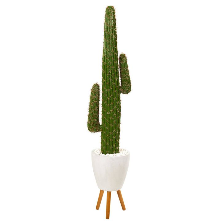 Nearly Natural 5.5-in Cactus Artificial Plant in White Planter with Stand