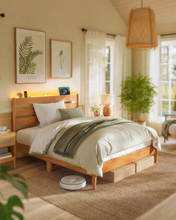 Full Size Bed Frame with LED Headboard and Storage Shelf USB Ports