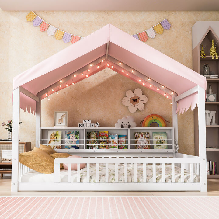 Merax Full Size Wooden Floor Bed,House-Shaped Daybed with Fense,3 Storage Bookshelves,Curtain and LED Light