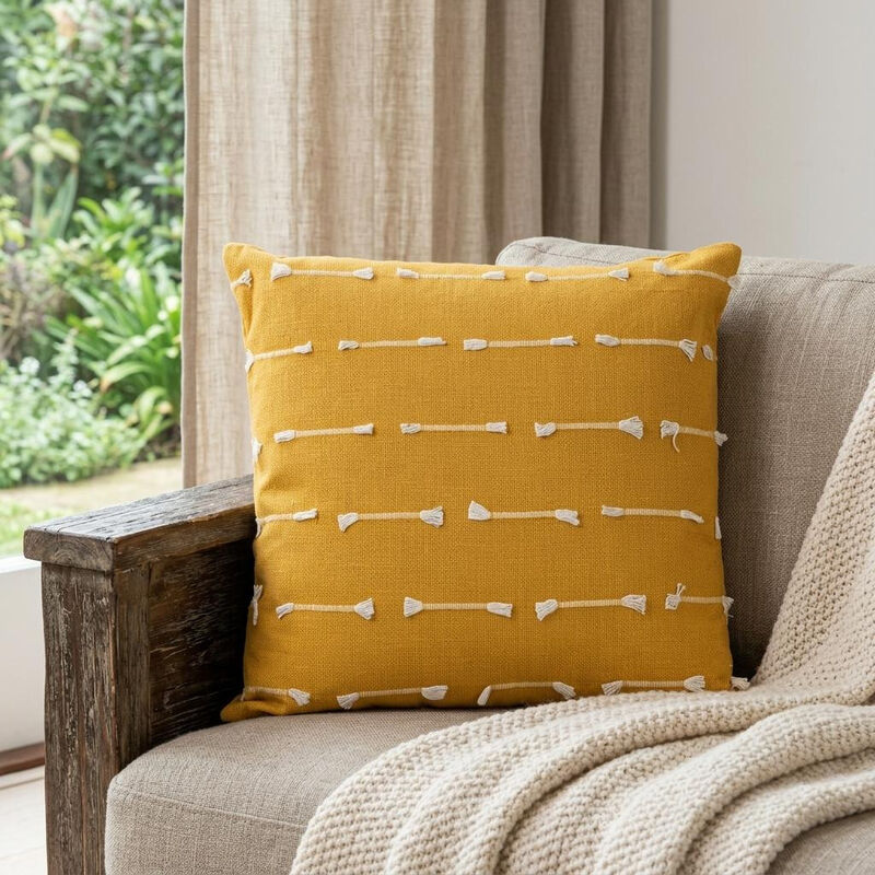 HomeRoots 18" Yellow Striped Cotton Throw Pillow With Texture image number 1