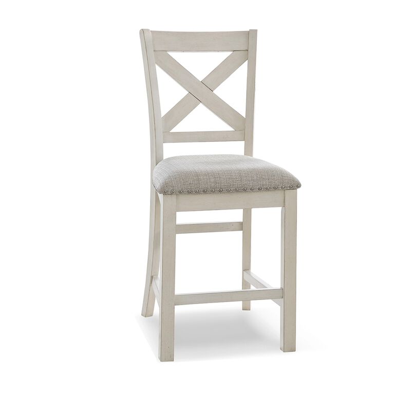 Lea Counter Height Chair Set of 2, White Solid Wood, Gray Polyester - Benzara