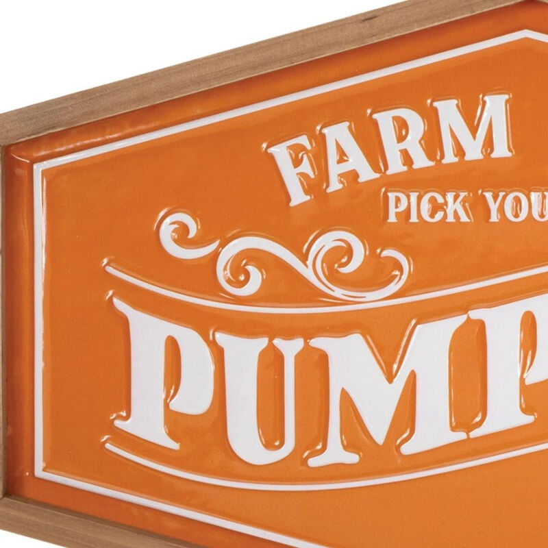 HomeRoots 13" X 20" Orange And White Metal Farm Fresh Pumpkins Wall Decor image number 2
