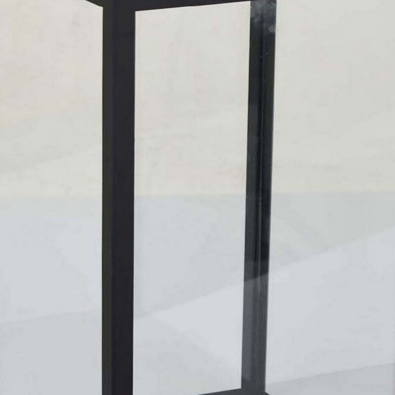 21 Inch Decorative Lantern, Wood Handle, Glass Panel, Black Metal Finish - Benzara