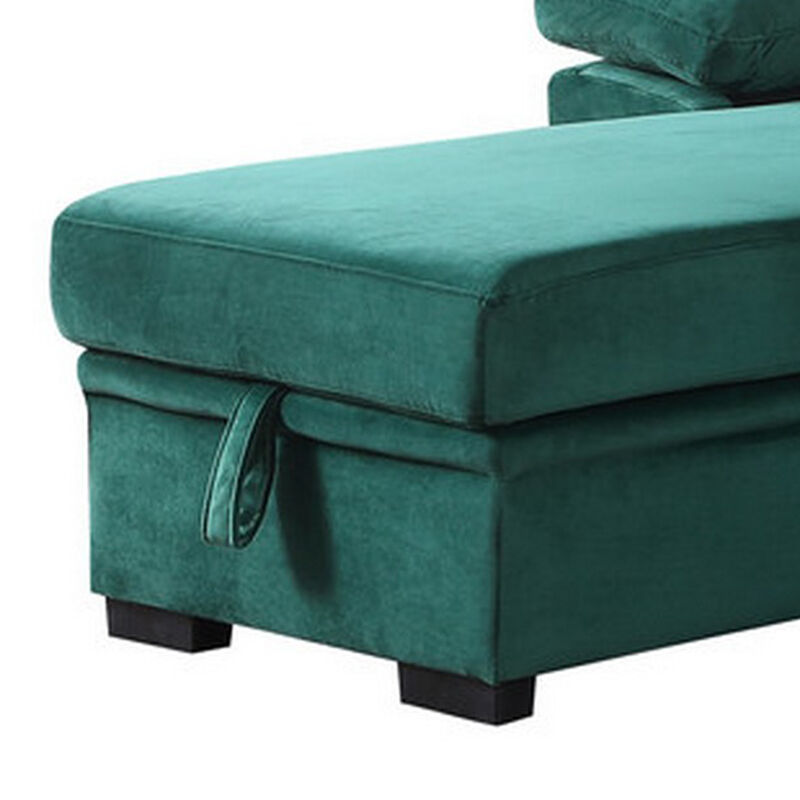 Exie 98 Inch 2 Piece Sectional Sofa, Pull Out Bed, Storage, Green Velvet