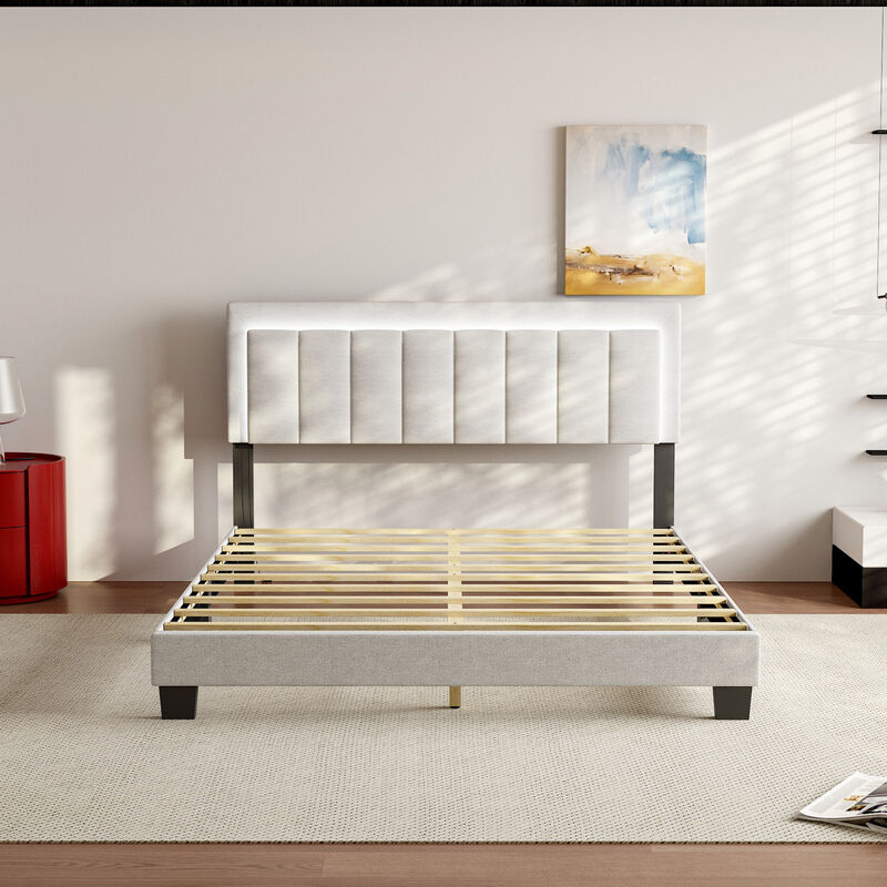 FUFU&GAGA Upholstered Bed with White LED Light Strip, Queen Size, Soft Fabric Upholstery with MDF and Multi-Layer Board Construction, (80.8" W x 60" D x 39.4" H ), Light Grey