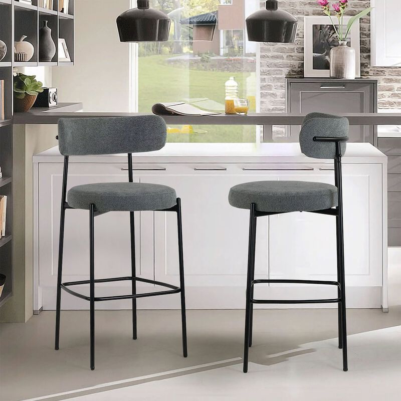 Glamour Home Set of 2 Awen Gray Boucle Bar Stool with Black Legs