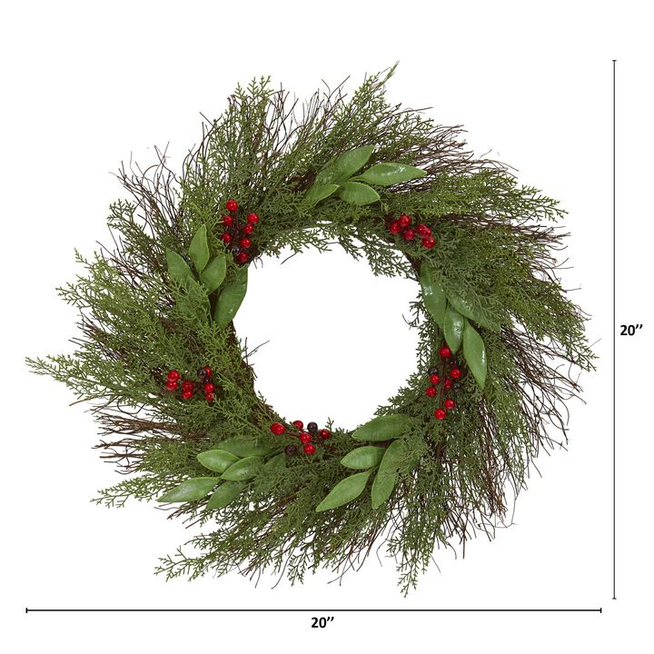 Hivvago 20" Cedar and Ruscus with Berries Artificial Wreath