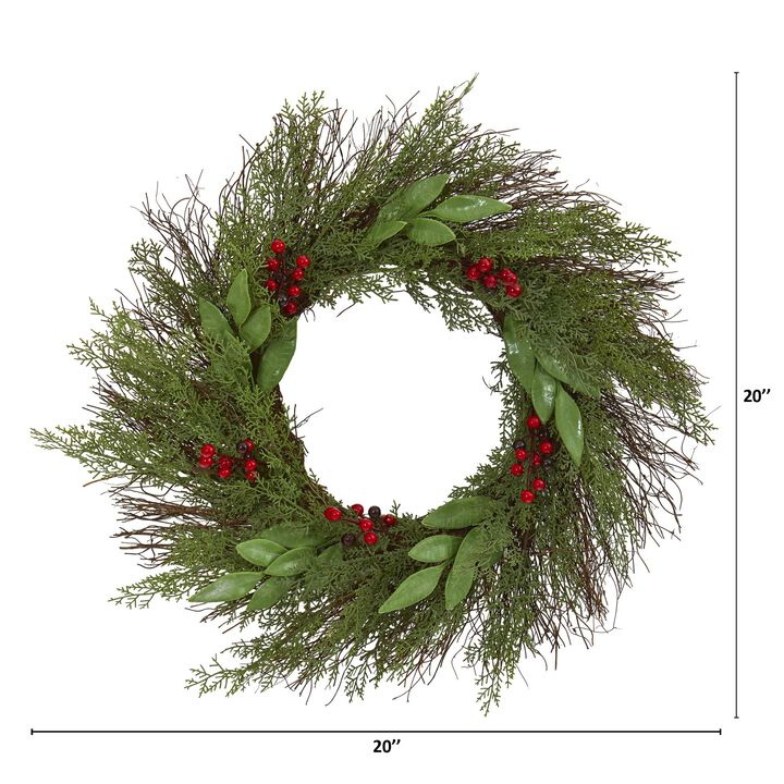 HomPlanti 20" Cedar and Ruscus with Berries Artificial Wreath