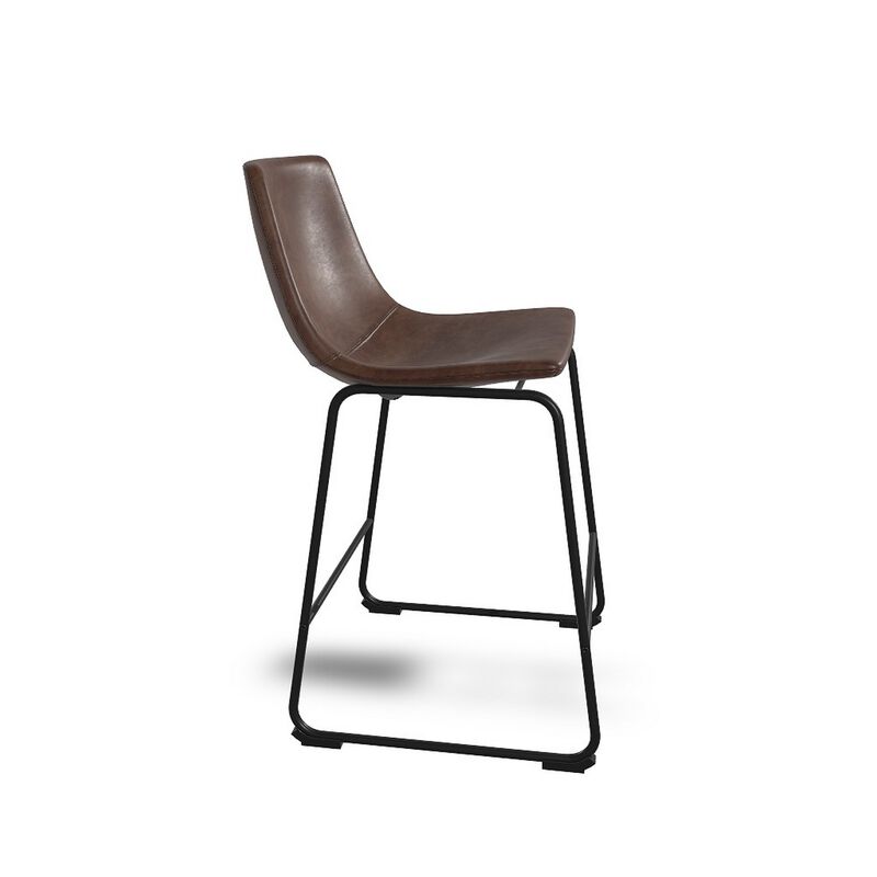 Tia Counter Height Chair Set of 2, Brown Faux Leather, Bucket Seat - Benzara