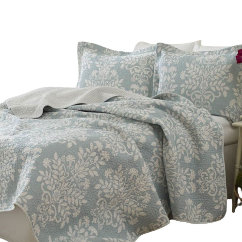 Hivvago 100% Cotton King size 3-Piece Coverlet Quilt Set in Blue White Floral Pattern