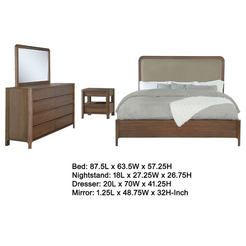 Rie 4pc Queen Bedroom Set with Dresser Mirror, Brown, Beige Upholstery