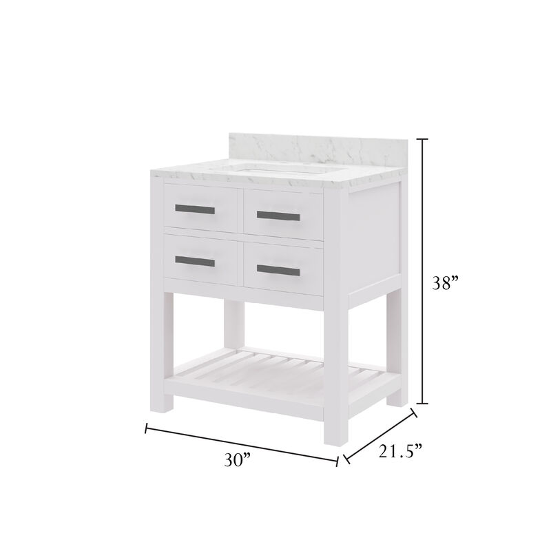 Madalyn 30 In. Single Sink Carrara White Marble Countertop Bath Vanity in Pure White