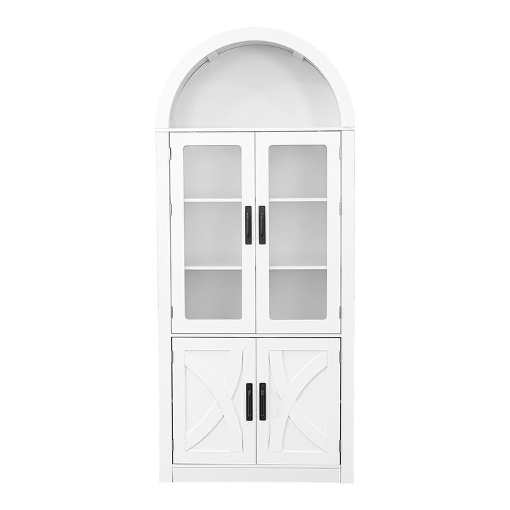 70" Tall Arched Modern White Wooden Pantry Storage Cabinet with Adjustable Shelves for Dining Room, Living Room, Kitchen