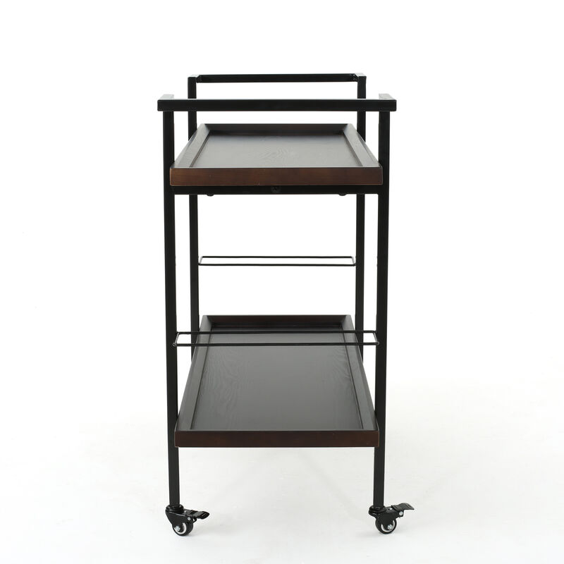 2-Tier Rolling Bar Cart with Wheels, Metal Frame & Glass Shelves