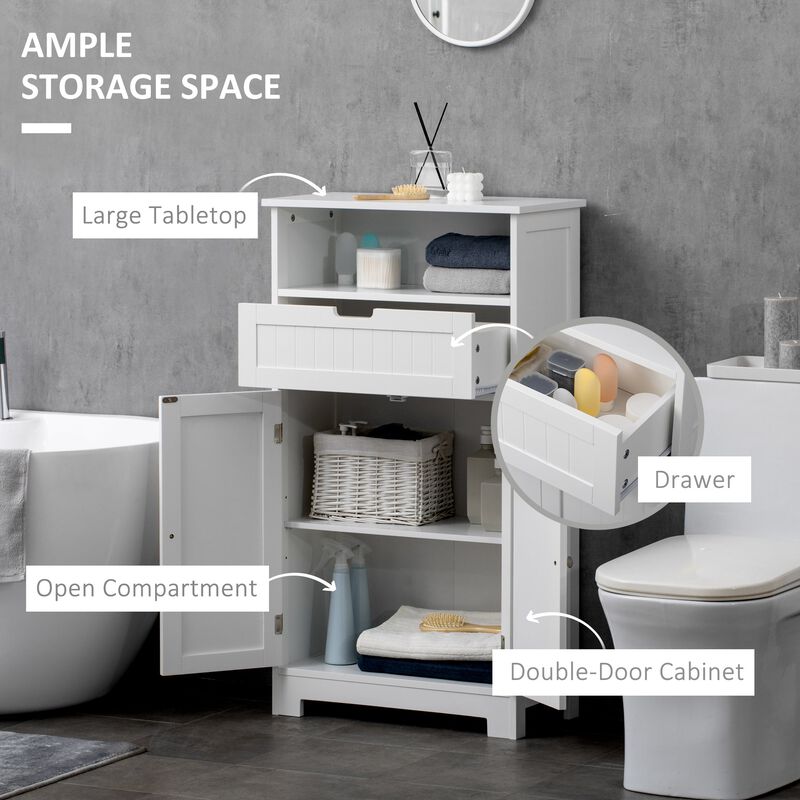 White Bathroom Organizer: Freestanding Cabinet with Drawer & Adjustable Shelf