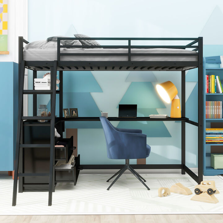 Merax Metal&Wood Loft Bed with Desk and Shelves