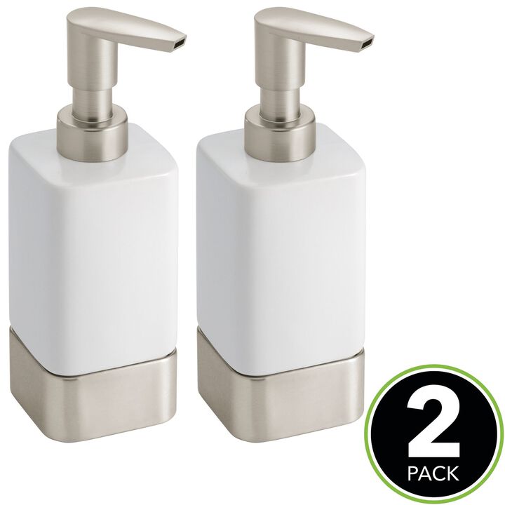 mDesign Square Ceramic Bathroom Soap Dispenser - 2 Pack - White/Matte Satin