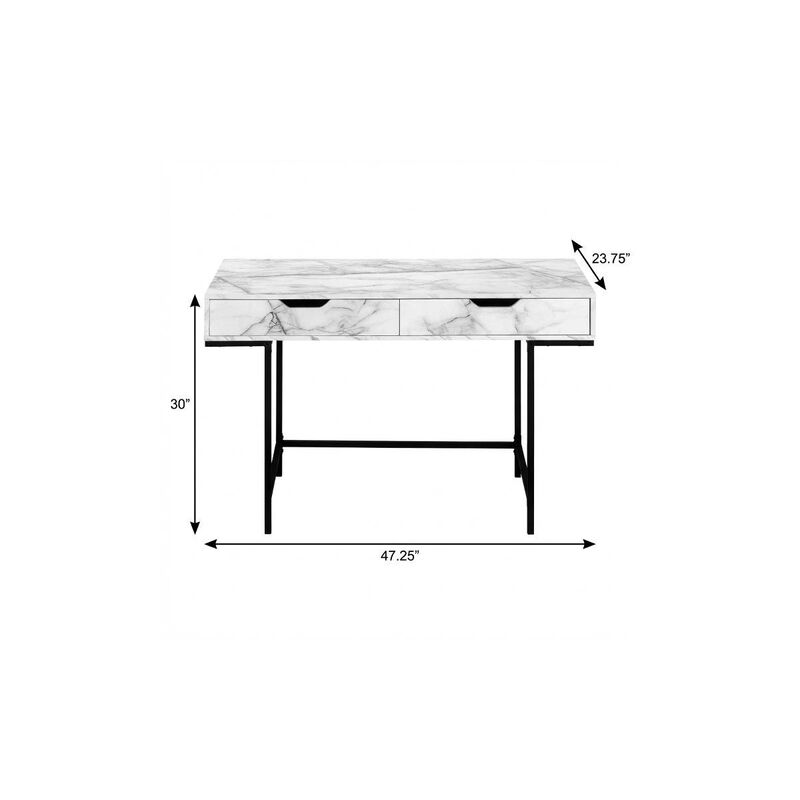 HomeRoots 47" White and Black Wood and Metal H-Shape Computer Desk With Two Drawers image number 6