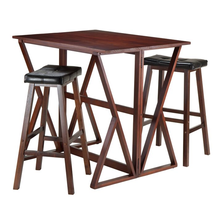 Winsome 3-Piece Harrington Drop Leaf High Table with 2 Cushion Saddle Seat Stools, 29-Inch, Brown