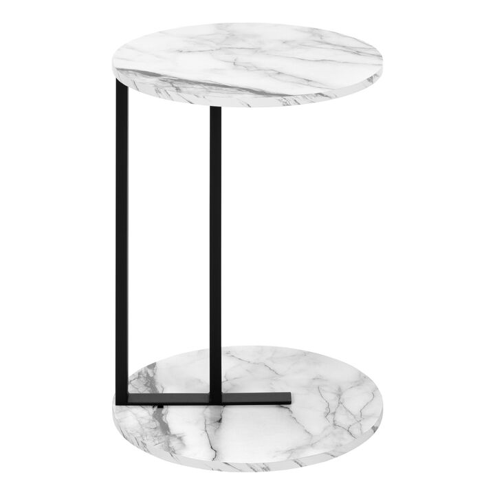 Monarch Specialties I 2210 Accent Table, Side, Round, End, Nightstand, Lamp, Living Room, Bedroom, Metal, Laminate, White Marble Look, Black, Contemporary, Modern
