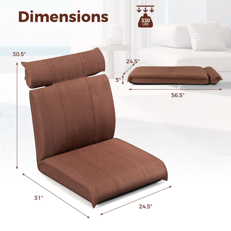 Folding Floor Chair with 14-Poistion Adjustable Backrest and 5-Position Adjustable Headrest-Brown