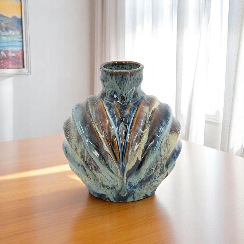 HomeRoots 11" Blue Beige And Brown Abstract Wavy Ceramic Table Vase image number 1