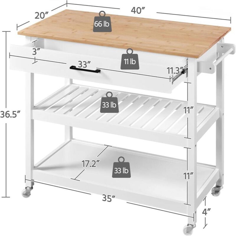Hivvago White Kitchen Island Cart with Drawer Storage Shelves and Locking Casters