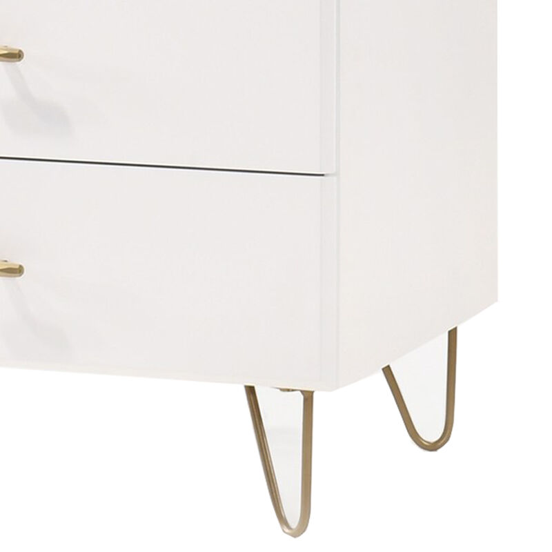 6 Drawer Wooden Dresser with Metal Hairpin Legs, White and Gold - Benzara