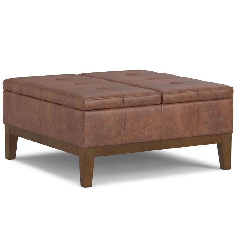 Dover 36 inch Wide Contemporary Square Lift Top Coffee Table Storage Ottoman in Distressed Saddle Brown  Vegan Faux Leather, Assembled