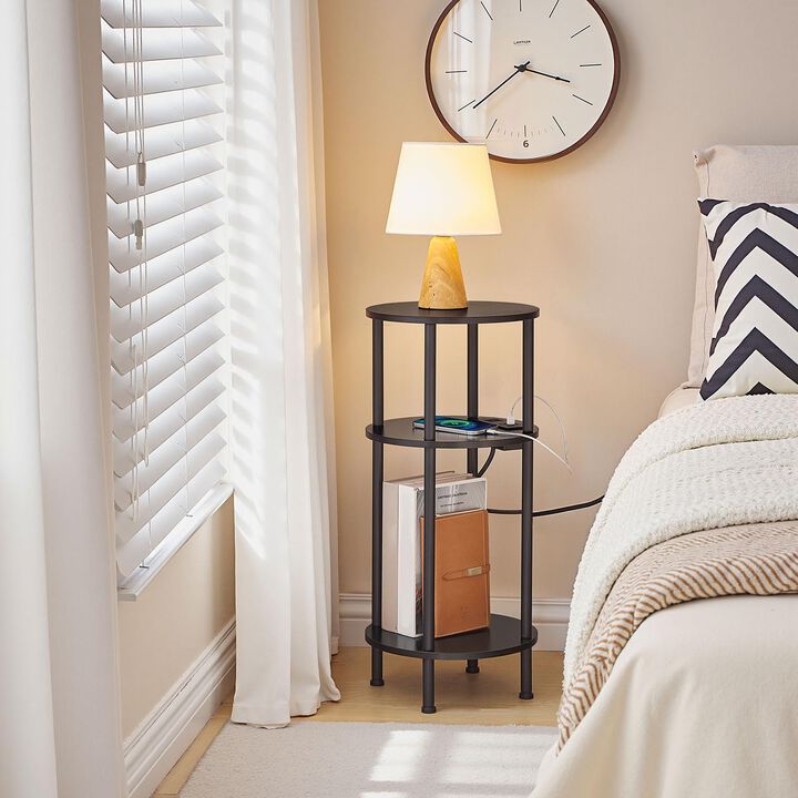 Small Round End Table with 3-Tier Storage and Charging Station & USB Ports