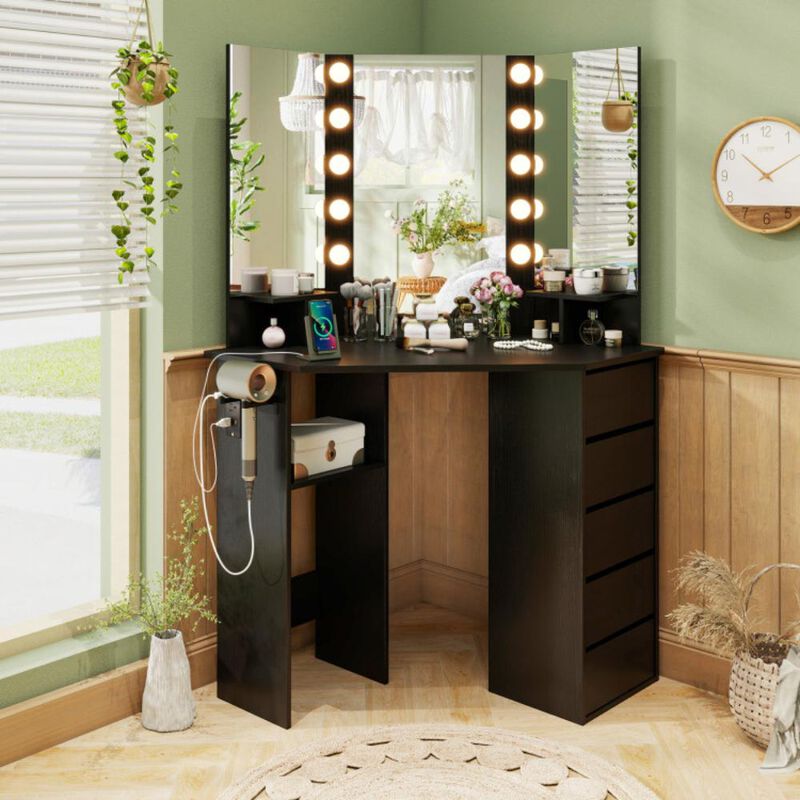 Hivvago Corner Vanity Desk with 3-Color LED Lighted Mirror and Power Outlet
