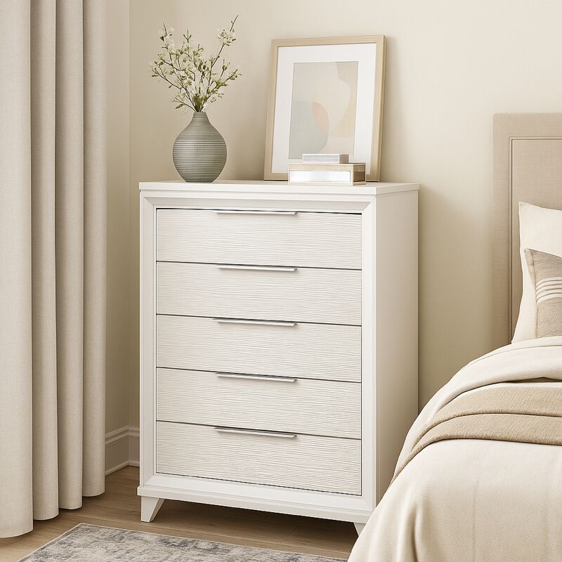 Ressy Tall Dresser Chest with 5 Drawers, Contemporary White Wood