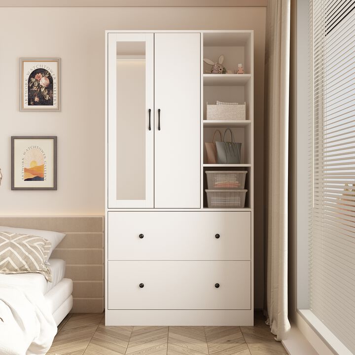 White Wood 35.5 in. W Armoires Wardrobe With Mirror, Pulling Hanging Rod, Drawers, Shelves 15.8 in. D x 70.8 in. H