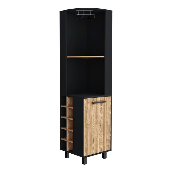 Kaia Corner Bar Cabinet, Two Shelves, Ten Built-in Wine Rack, Single Door Cabinet, Two interior  Shelves, -Black / Pine