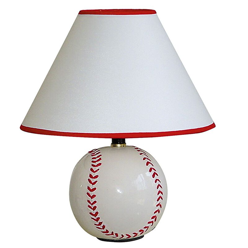 Hivvago 12" White and Red Ceramic Baseball Sports Table Lamp With White and Red Empire Shade