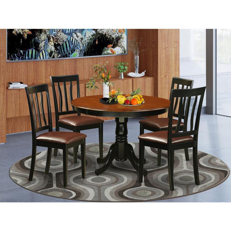 5 Pc set with a Round Dinette Table and 4 Leather Dinette Chairs in Black