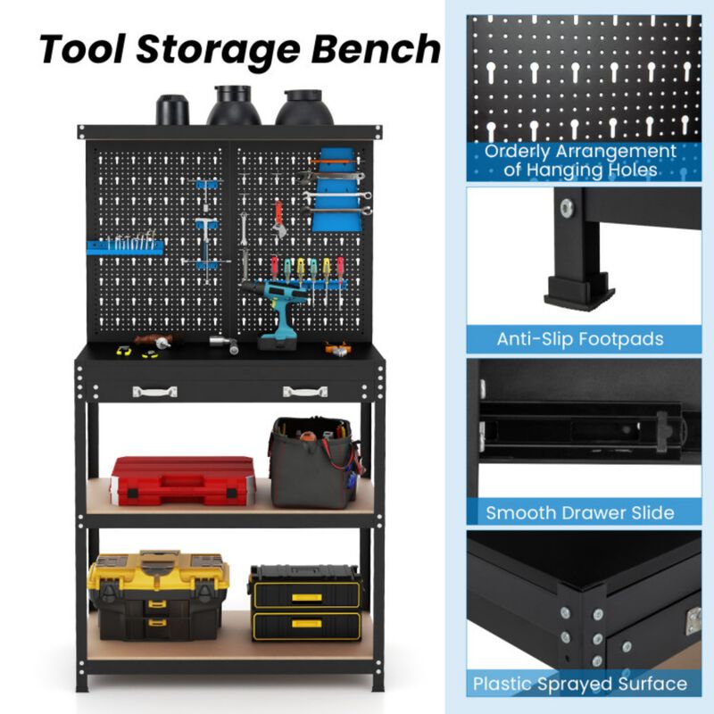 Tool Storage Workbench with Pegboard with 14 Hanging Accessories for Garage image number 4