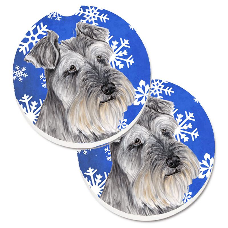 Caroline's Treasures Schnauzer Winter Snowflakes Holiday Set of 2 Cup Holder Car Coasters SC9393CARC, 2.56, Multicolor image number 0
