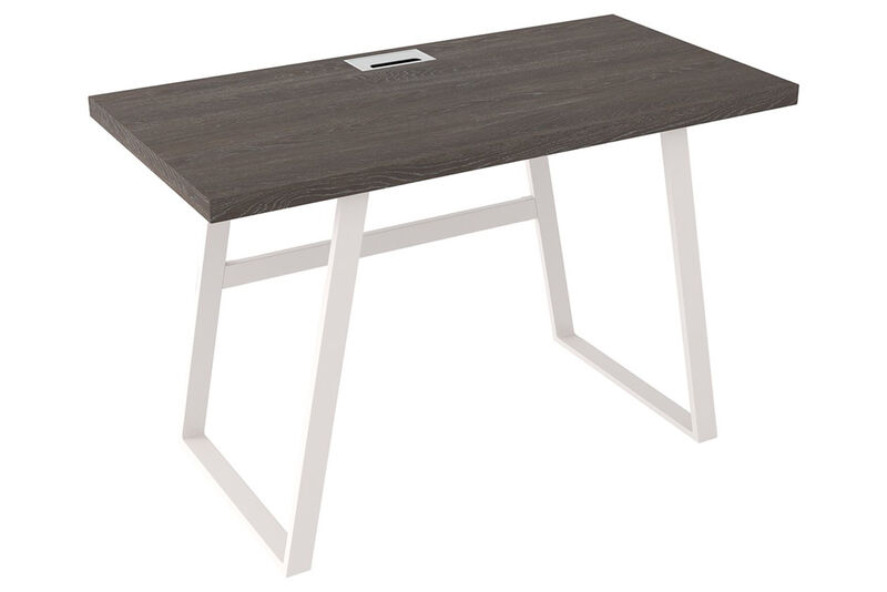 Wooden Writing Desk with Metal Base and Rectangular Top, Gray and White-Benzara image number 1