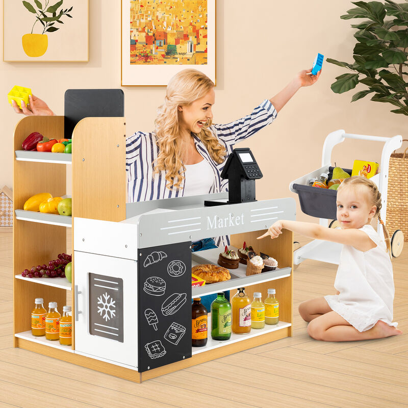 Kids Grocery Store Toy Set with Shopping Cart and 2 Chalkboards for Playtime image number 2