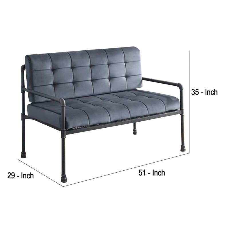 Loveseat with Tufted Velvet Seat and Metal Frame, Gray-Benzara
